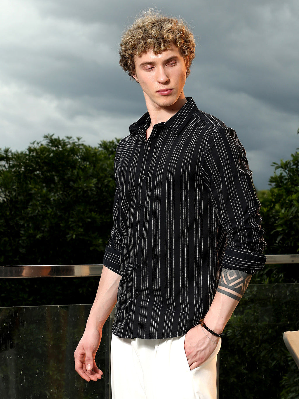 Black Striped Cotton Blend Slim Fit Shirt