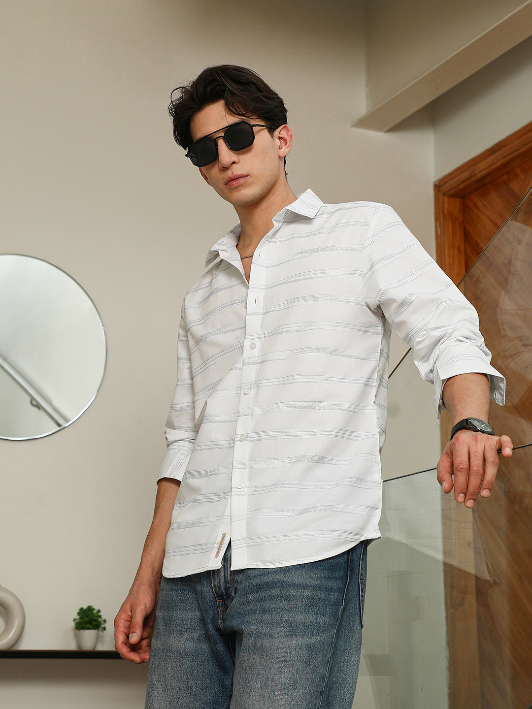 White Textured Stripe Slim Fit Shirt