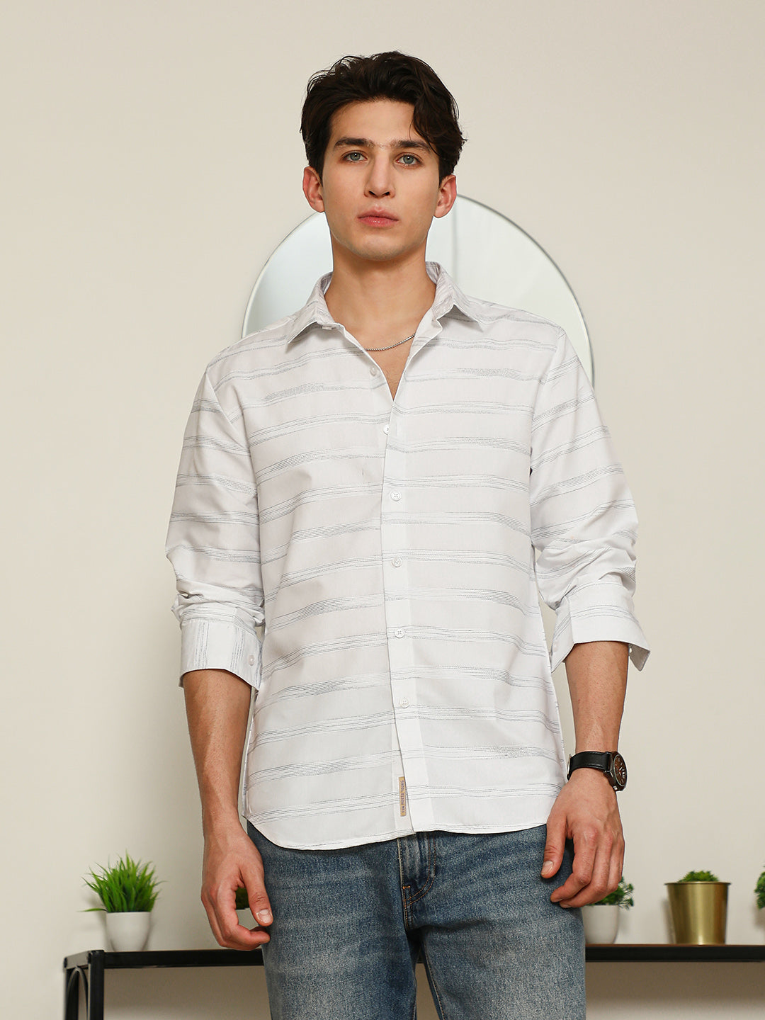White Textured Stripe Slim Fit Shirt
