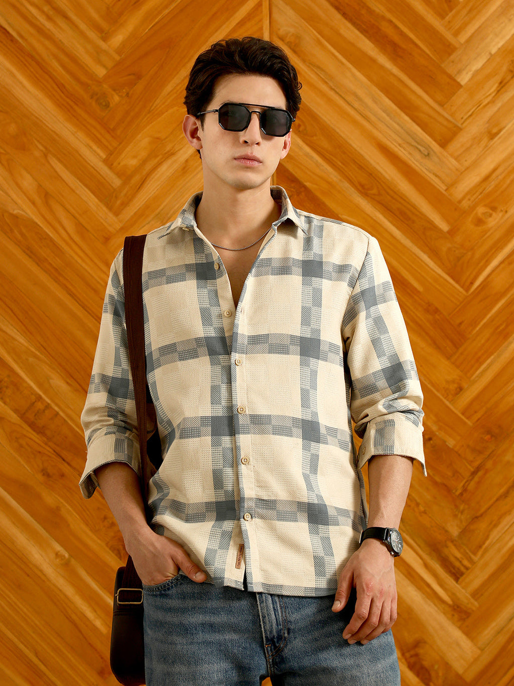 Beige And Blue Checkered Cotton Blend Full Sleeve Shirt