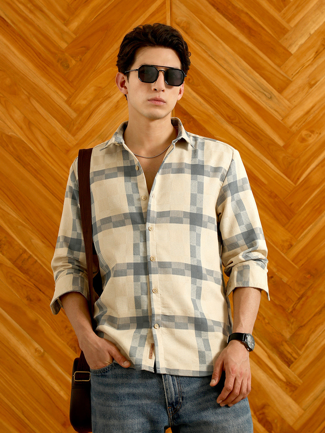 Beige And Blue Checkered Cotton Blend Full Sleeve Shirt