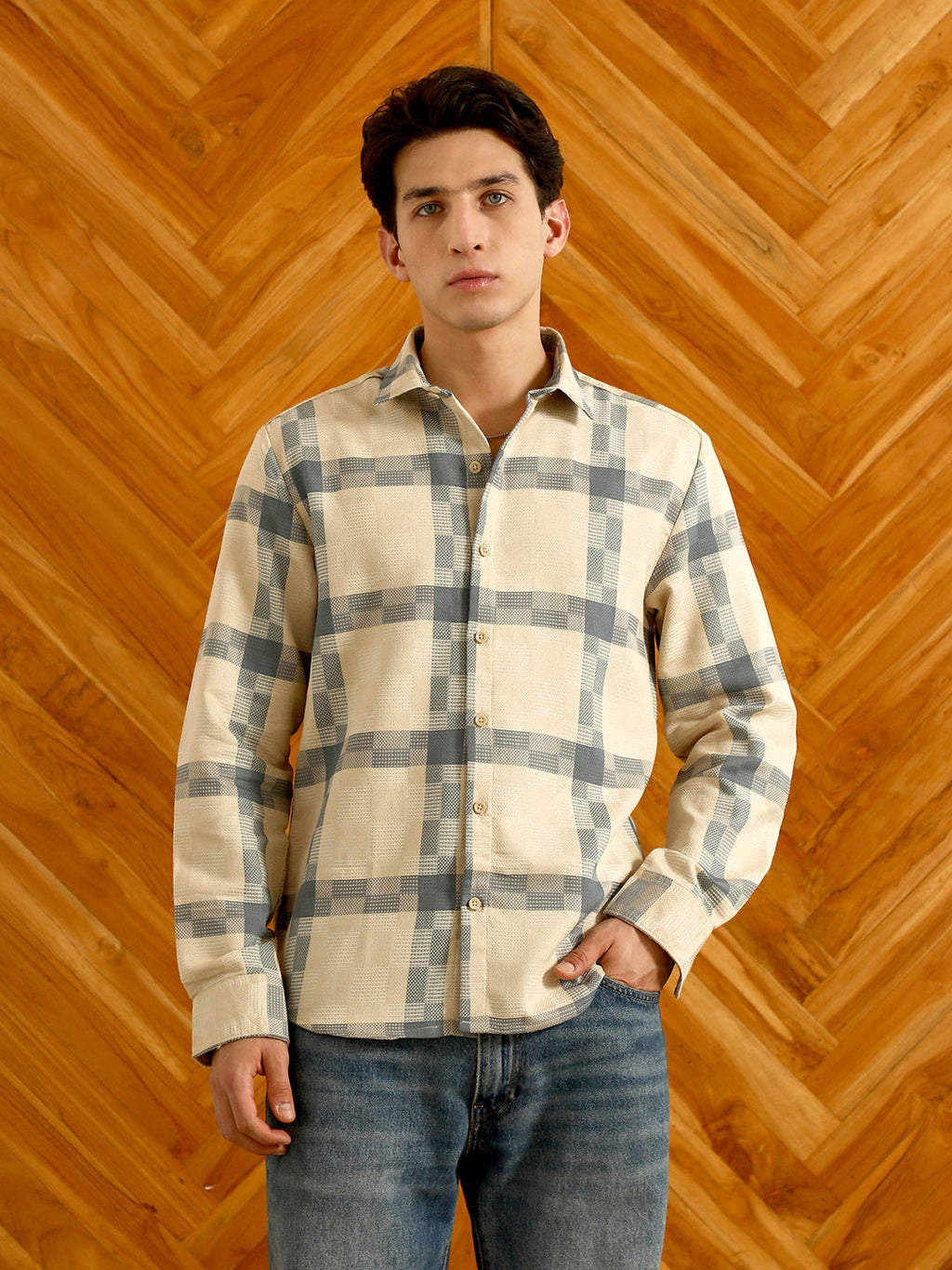 Beige And Blue Checkered Cotton Blend Full Sleeve Shirt