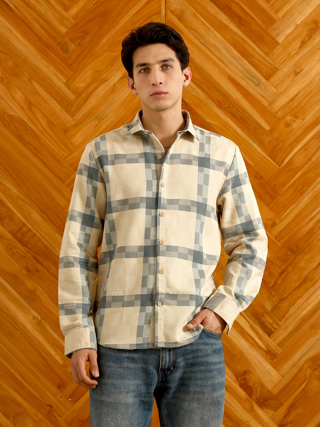 Beige And Blue Checkered Cotton Blend Full Sleeve Shirt