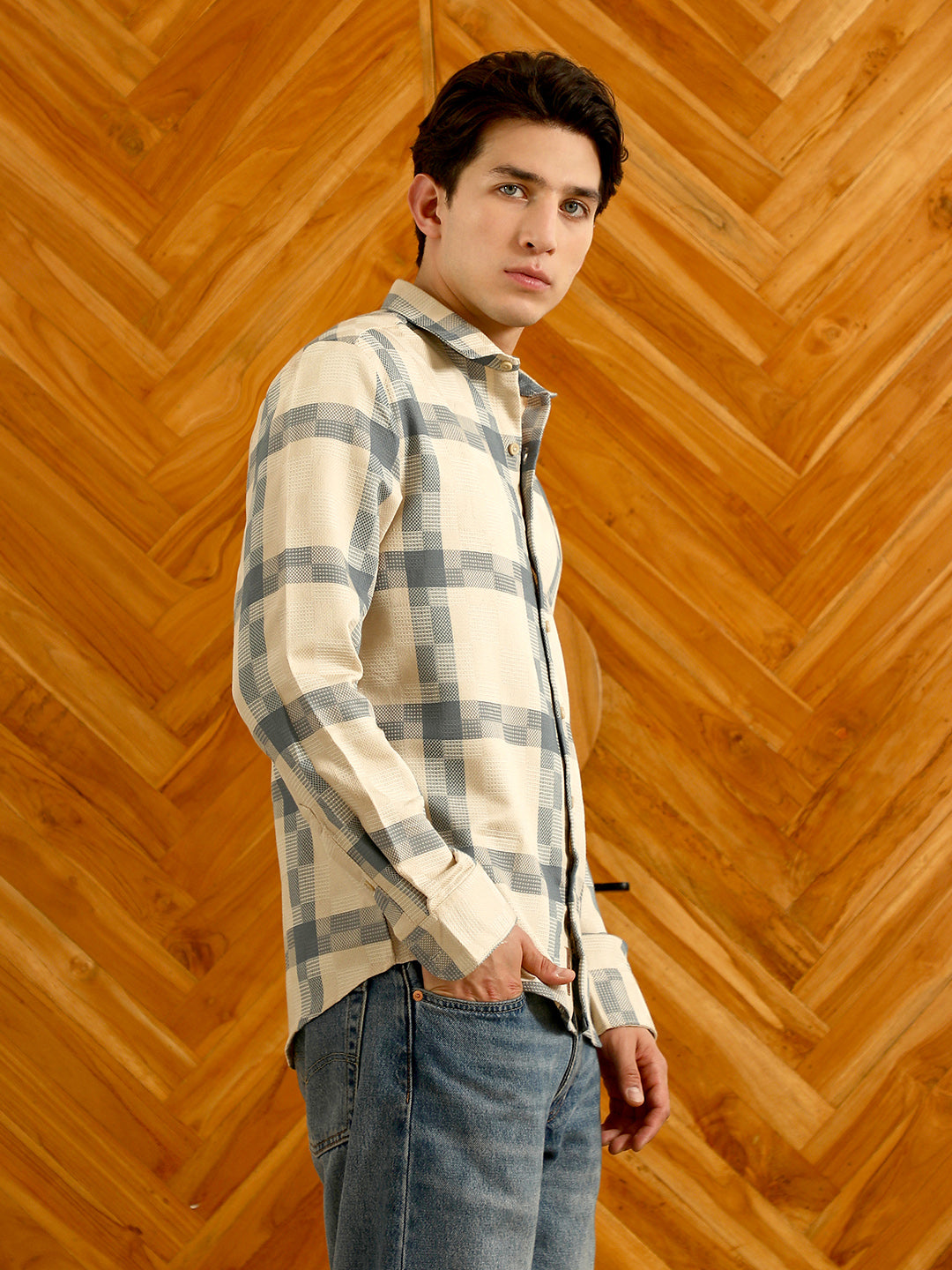 Beige And Blue Checkered Cotton Blend Full Sleeve Shirt