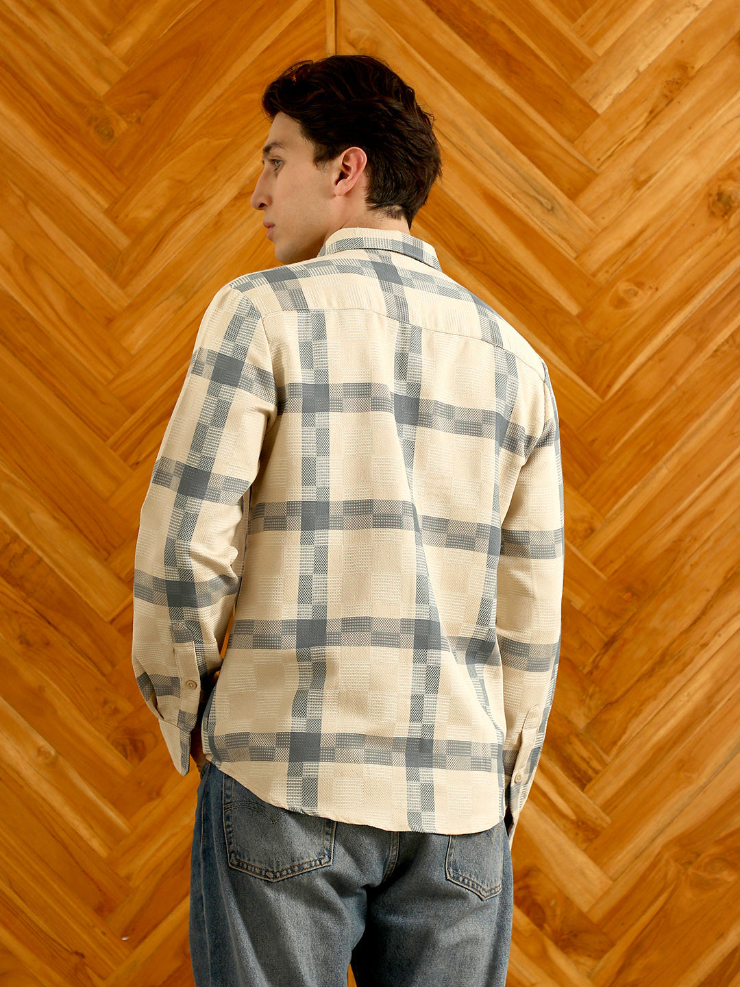 Beige And Blue Checkered Cotton Blend Full Sleeve Shirt