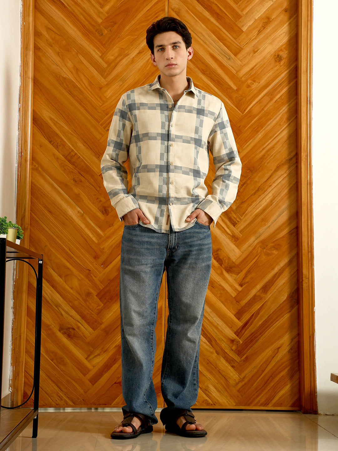 Beige And Blue Checkered Cotton Blend Full Sleeve Shirt