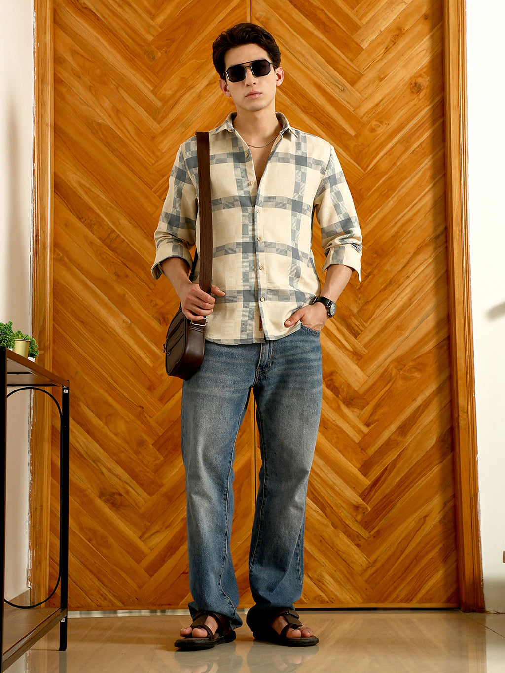 Beige And Blue Checkered Cotton Blend Full Sleeve Shirt