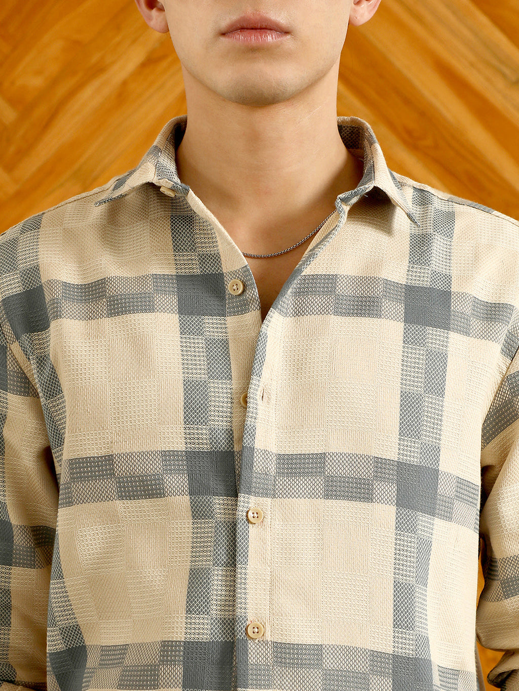 Beige And Blue Checkered Cotton Blend Full Sleeve Shirt
