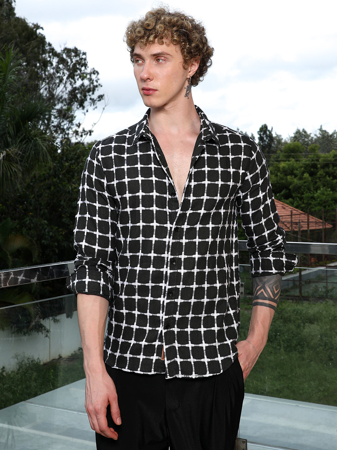 Black And White Checkered Cotton Shirt - Tailored Fit, Full Sleeves