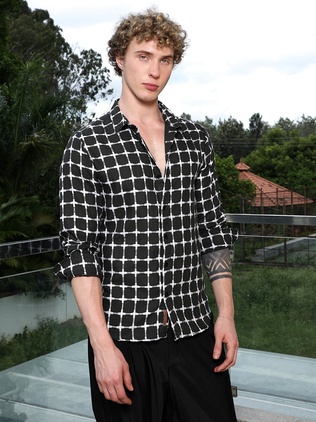 Black And White Checkered Cotton Shirt - Tailored Fit, Full Sleeves