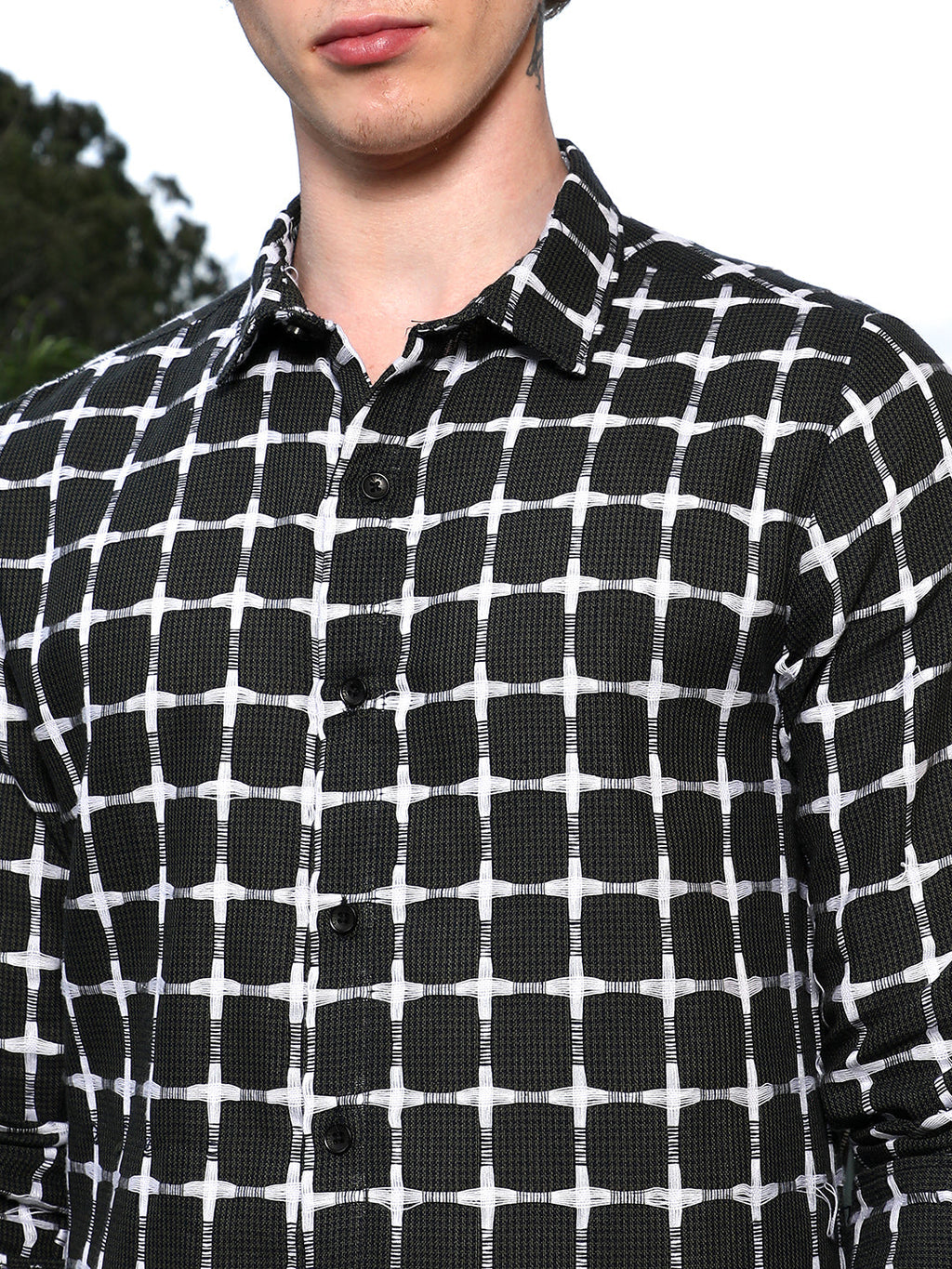Black And White Checkered Cotton Shirt - Tailored Fit, Full Sleeves