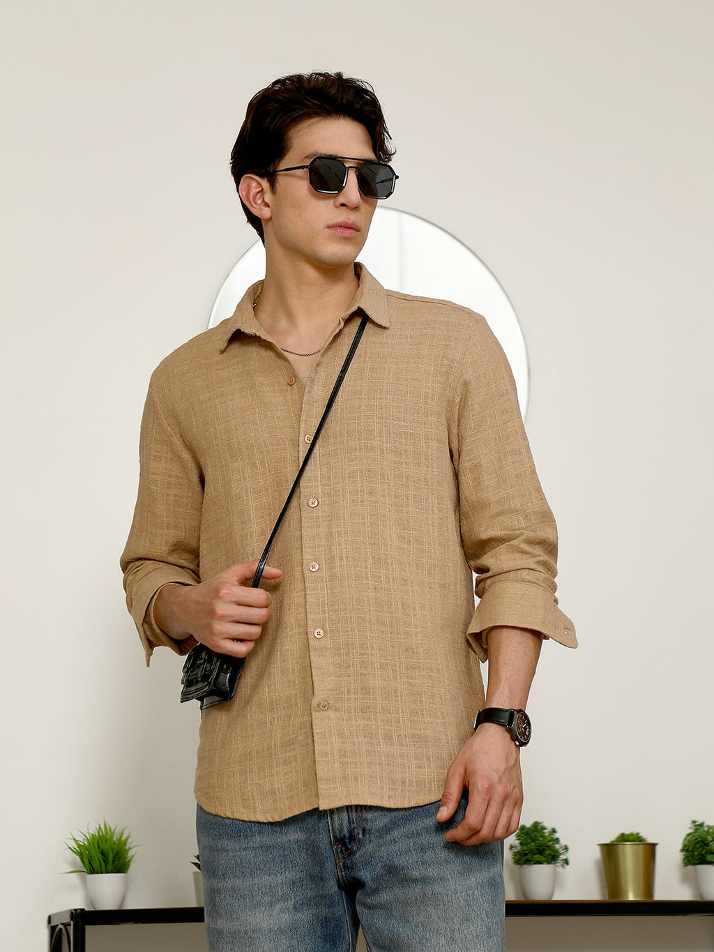 Beige Textured Full Sleeve Shirt