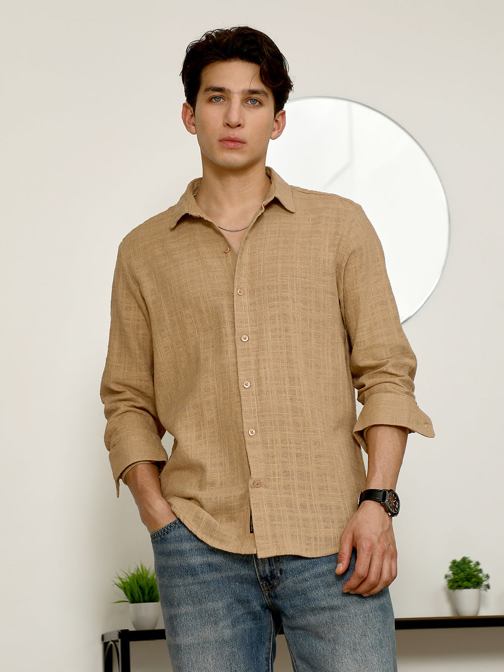 Beige Textured Full Sleeve Shirt