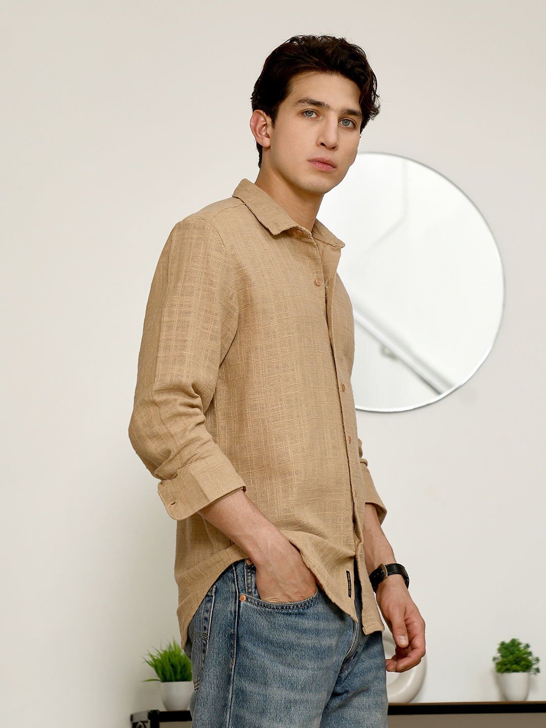 Beige Textured Full Sleeve Shirt