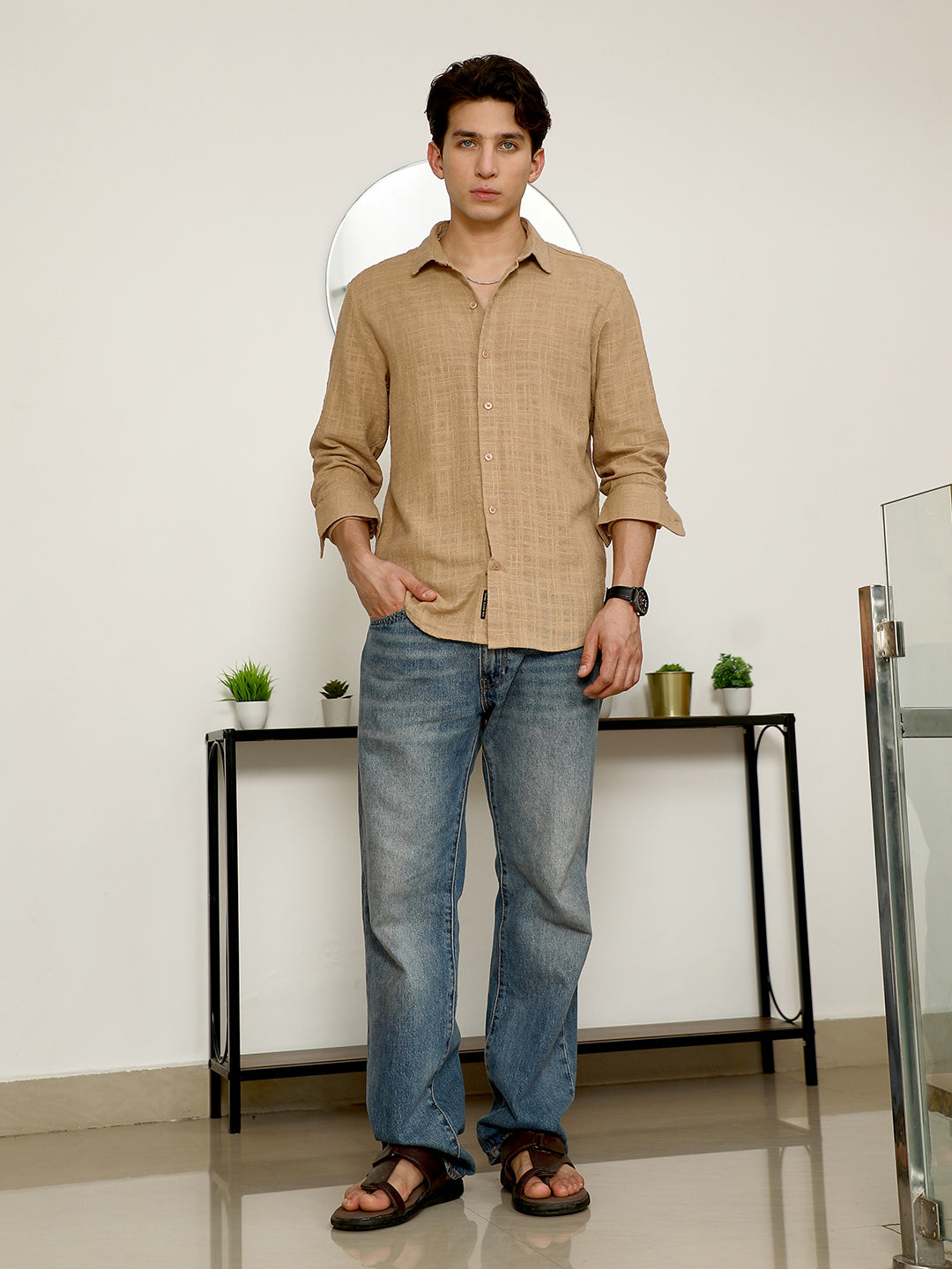 Beige Textured Full Sleeve Shirt