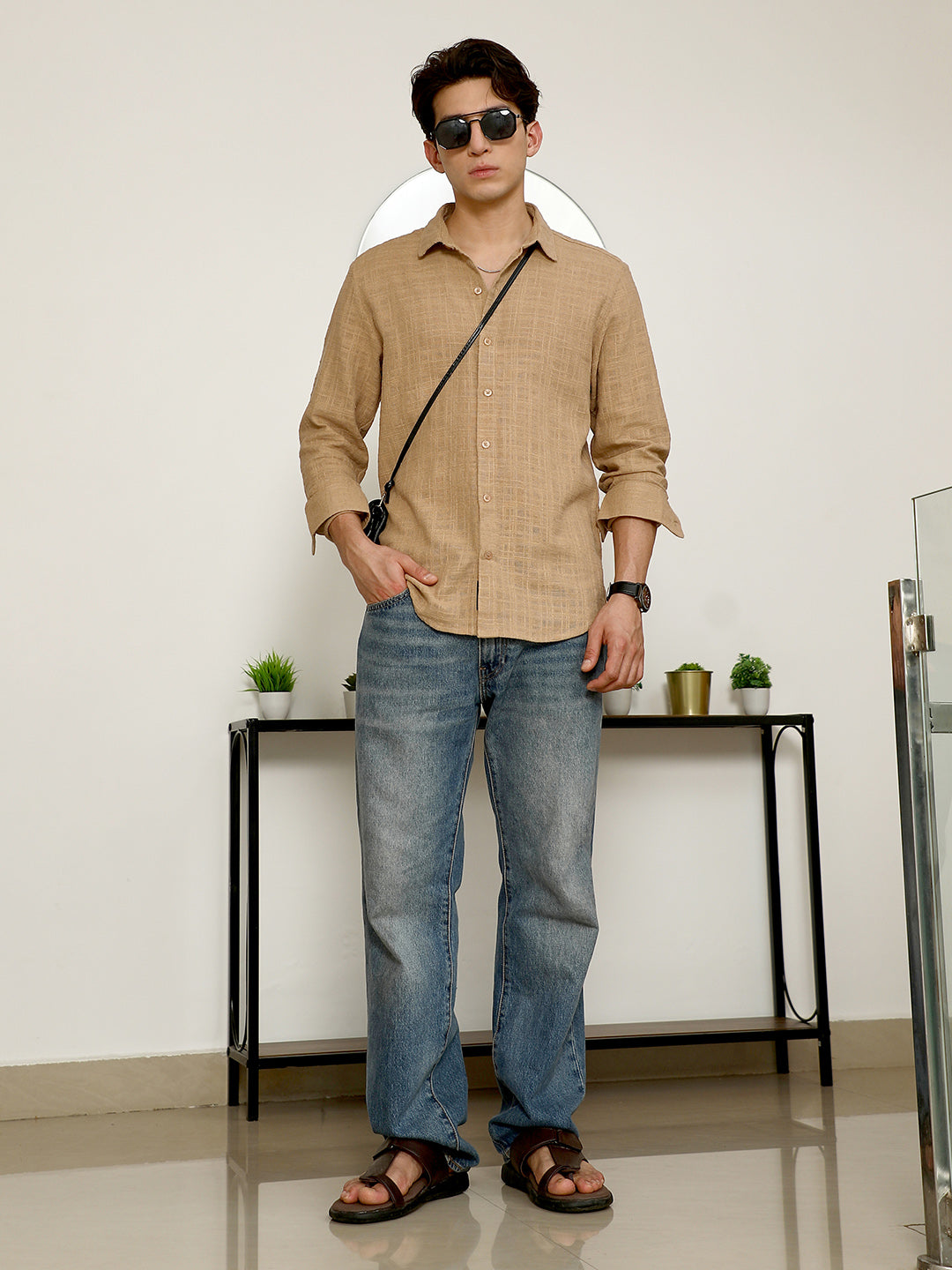 Beige Textured Full Sleeve Shirt