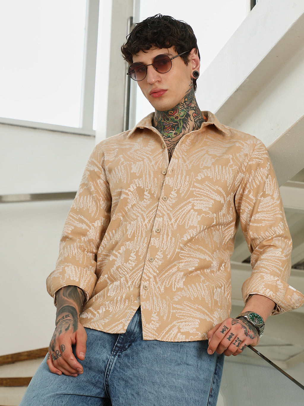 Beige Abstract Printed Full Sleeve Shirt
