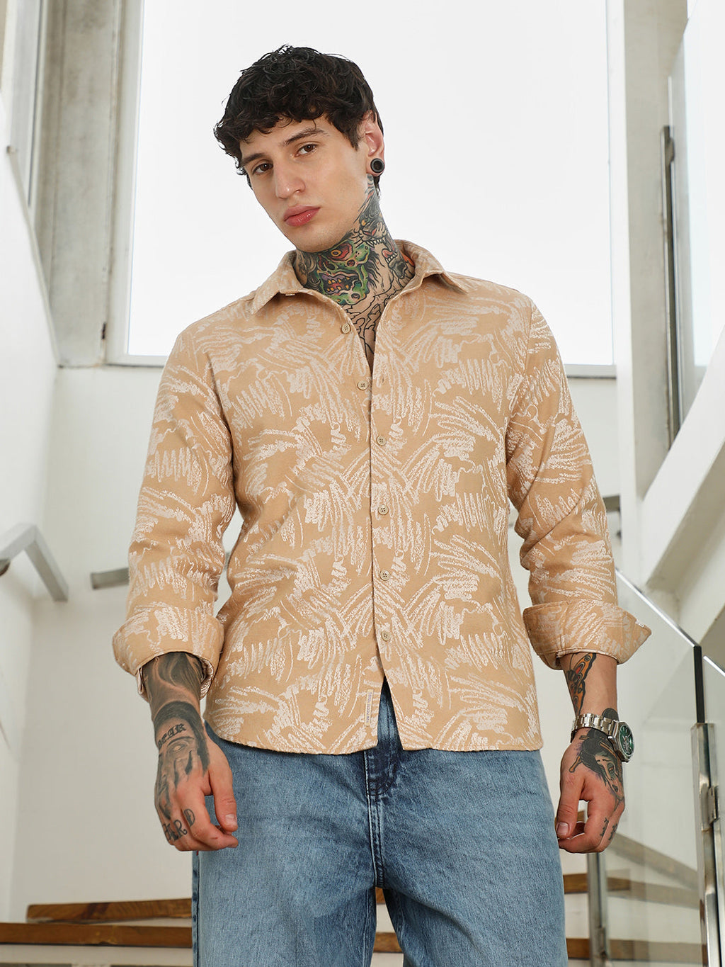 Beige Abstract Printed Full Sleeve Shirt