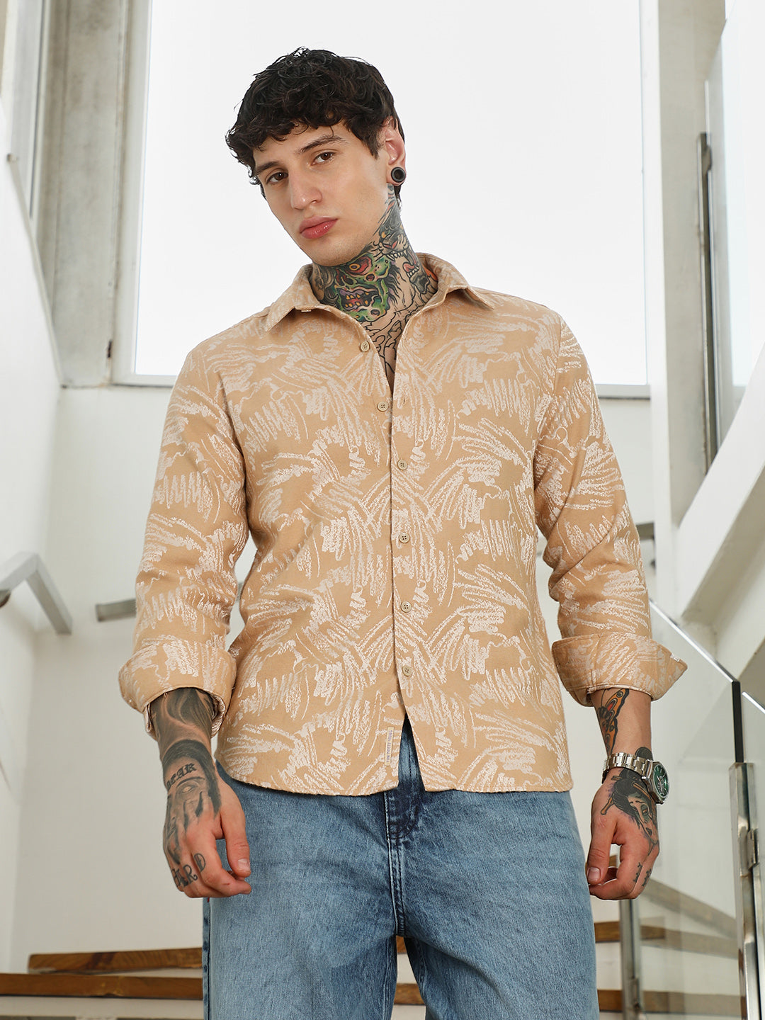Beige Abstract Printed Full Sleeve Shirt