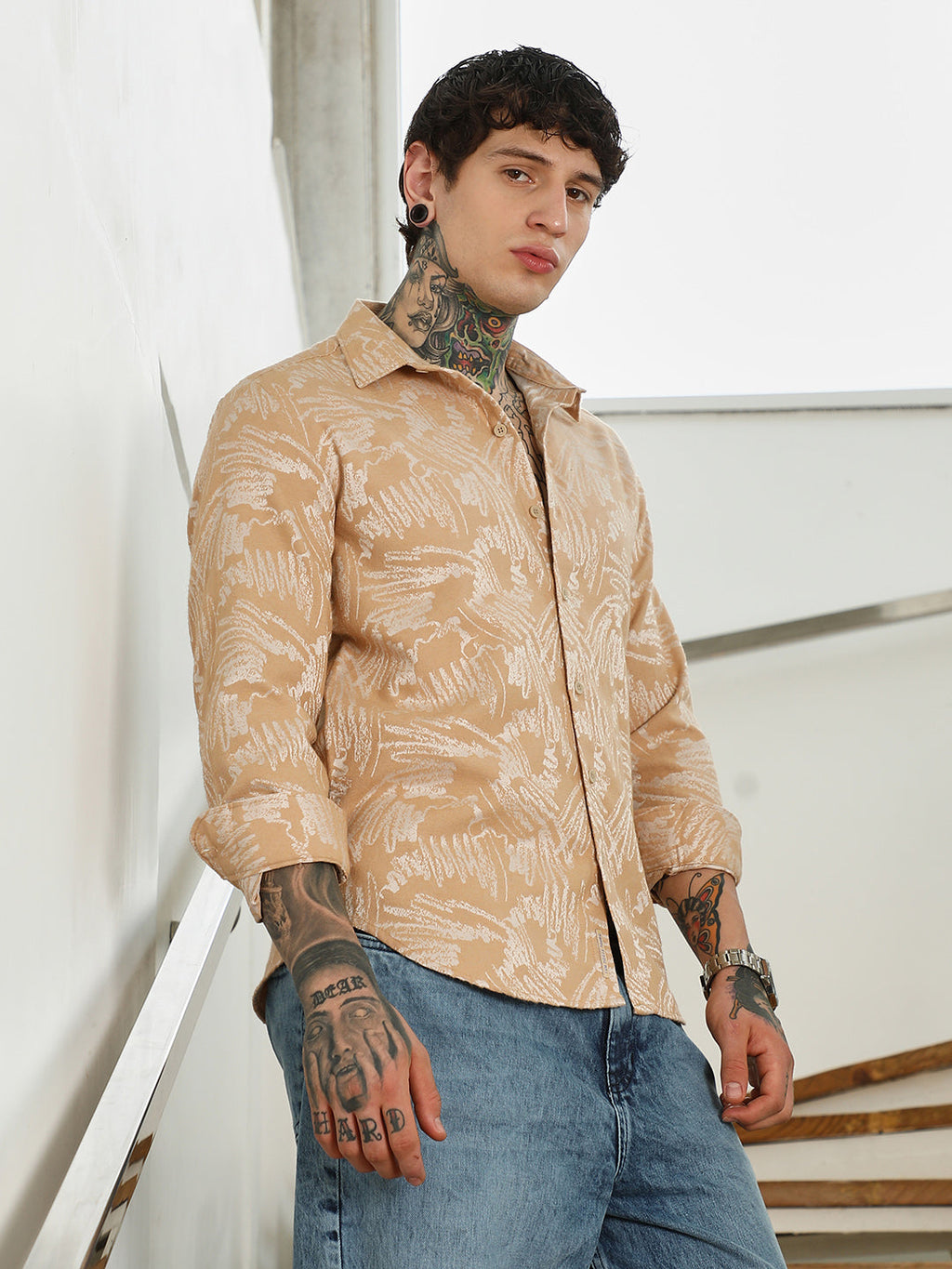 Beige Abstract Printed Full Sleeve Shirt