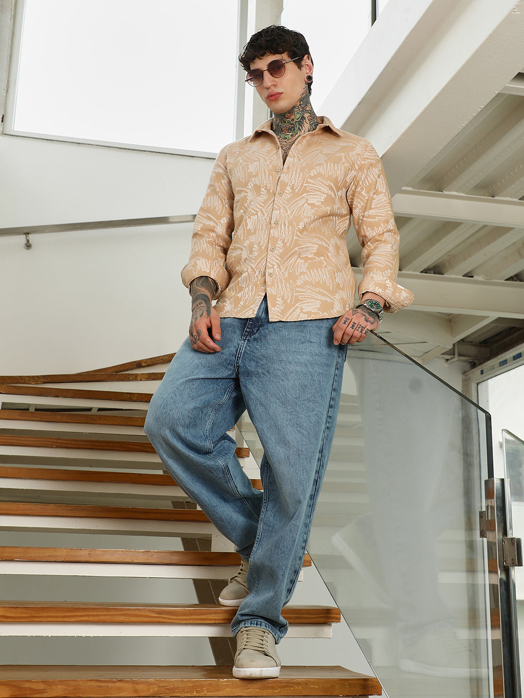 Beige Abstract Printed Full Sleeve Shirt