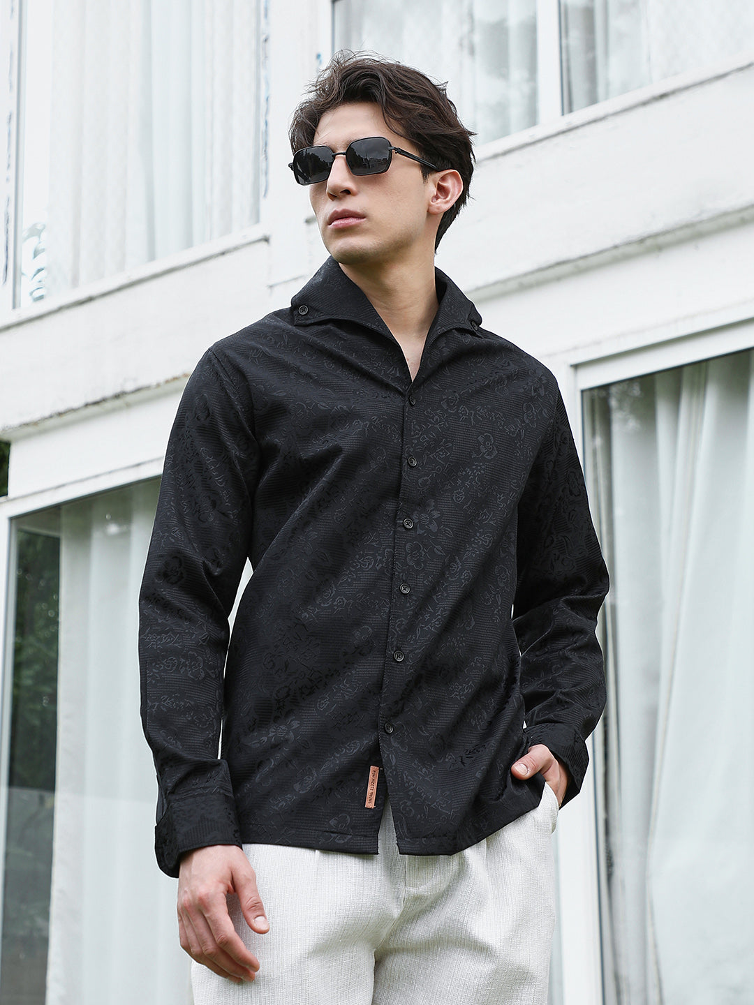 Black Floral Self Design Full Sleeve Shirt