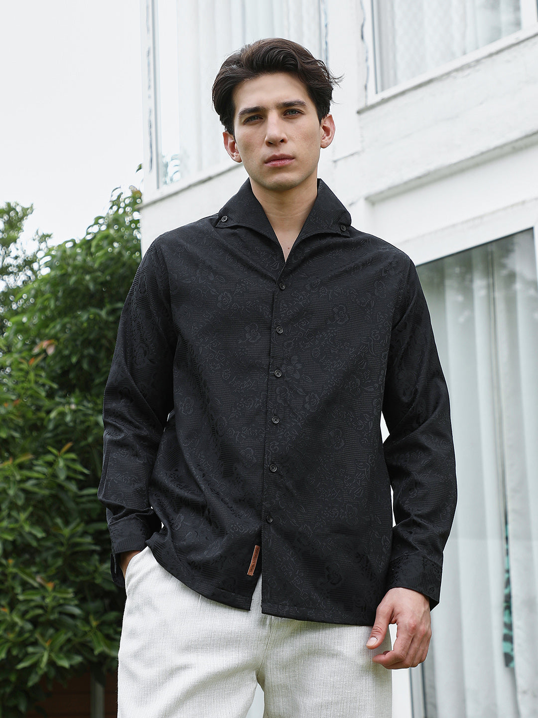 Black Floral Self Design Full Sleeve Shirt