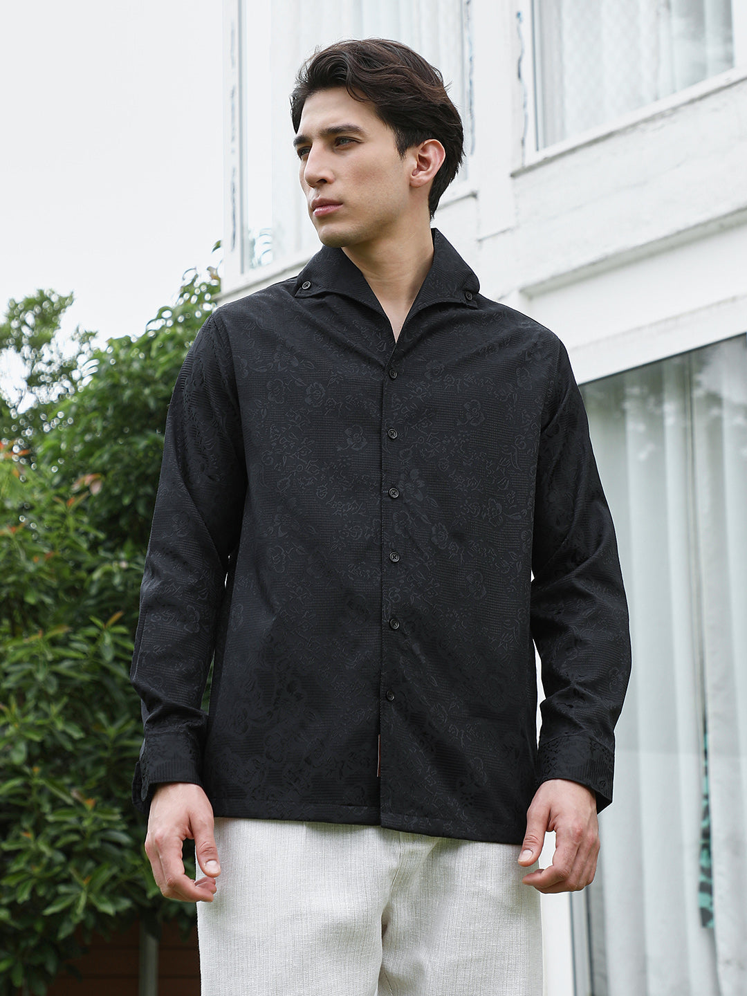 Black Floral Self Design Full Sleeve Shirt