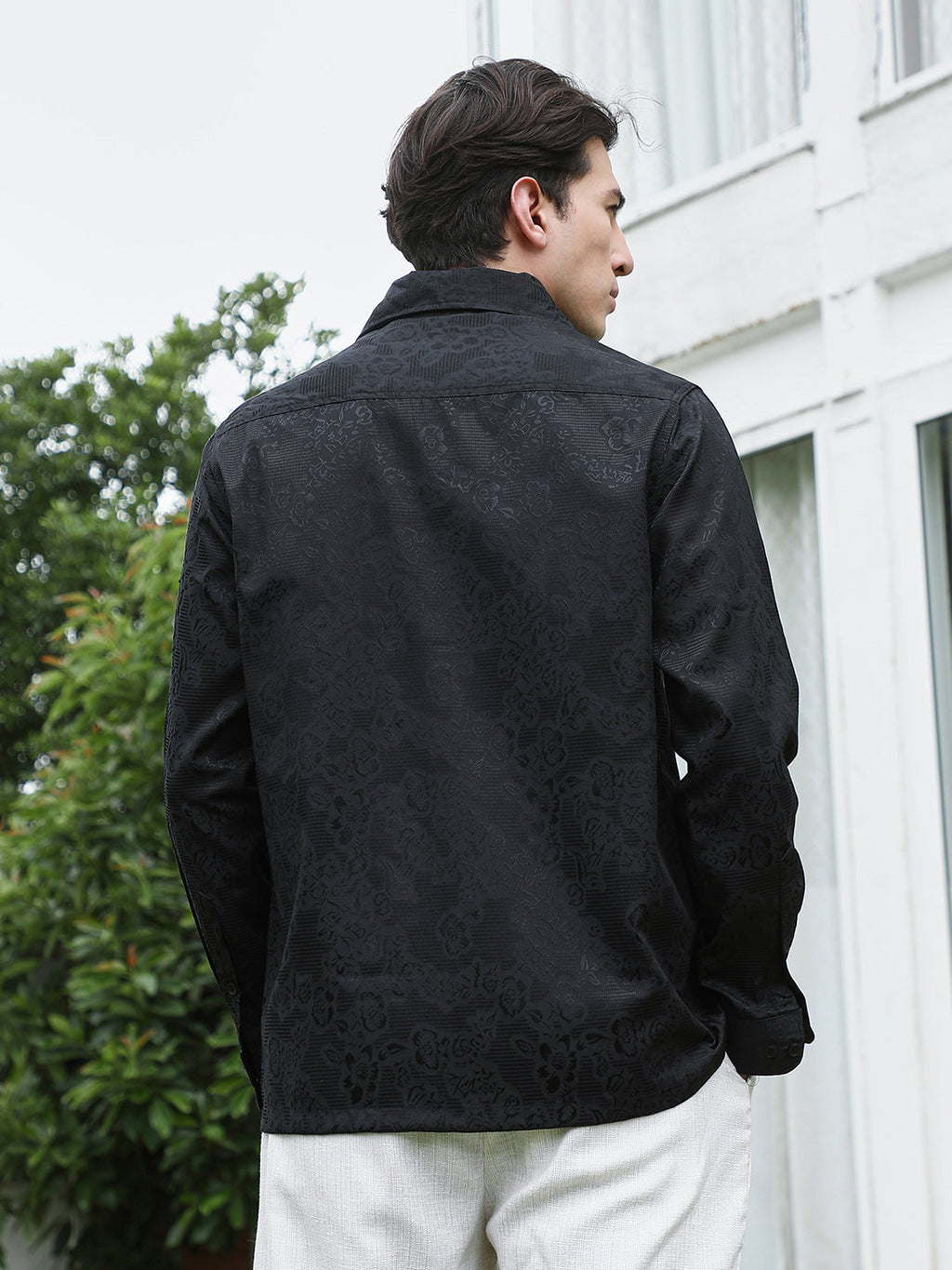 Black Floral Self Design Full Sleeve Shirt