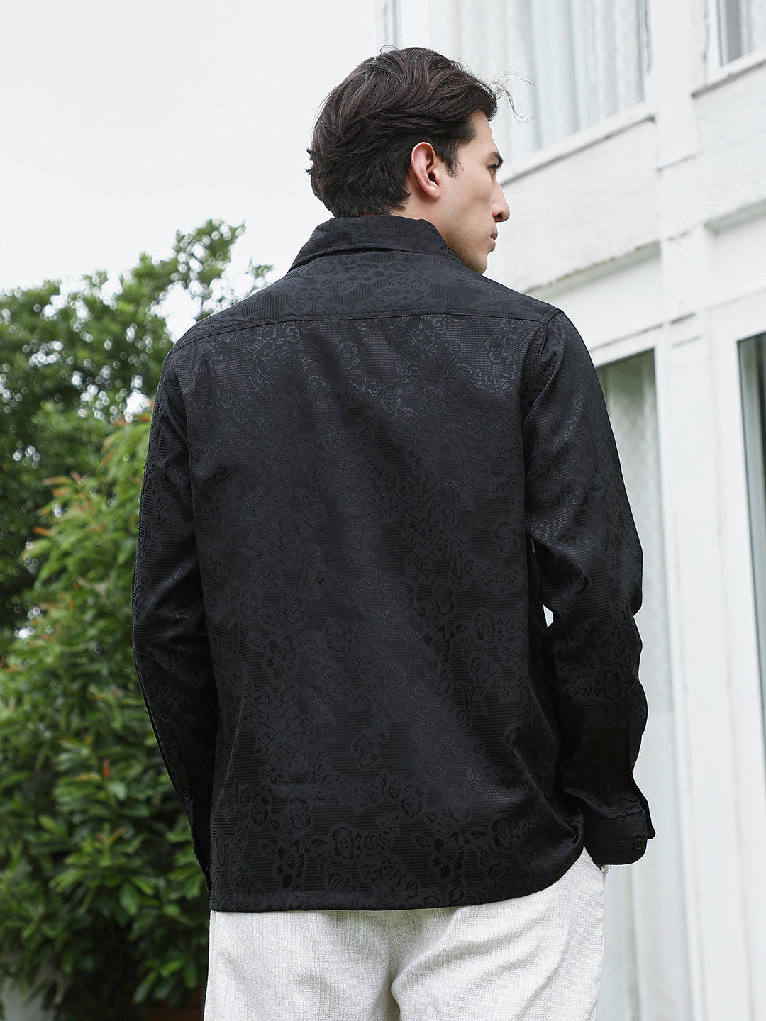 Black Floral Self Design Full Sleeve Shirt