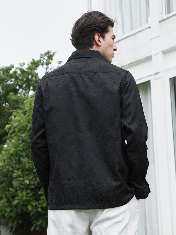 Black Floral Self Design Full Sleeve Shirt