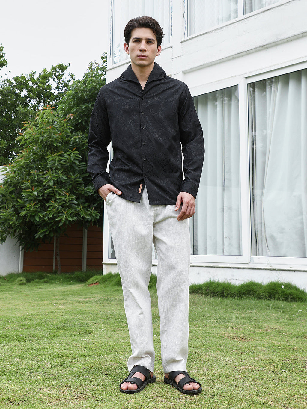 Black Floral Self Design Full Sleeve Shirt