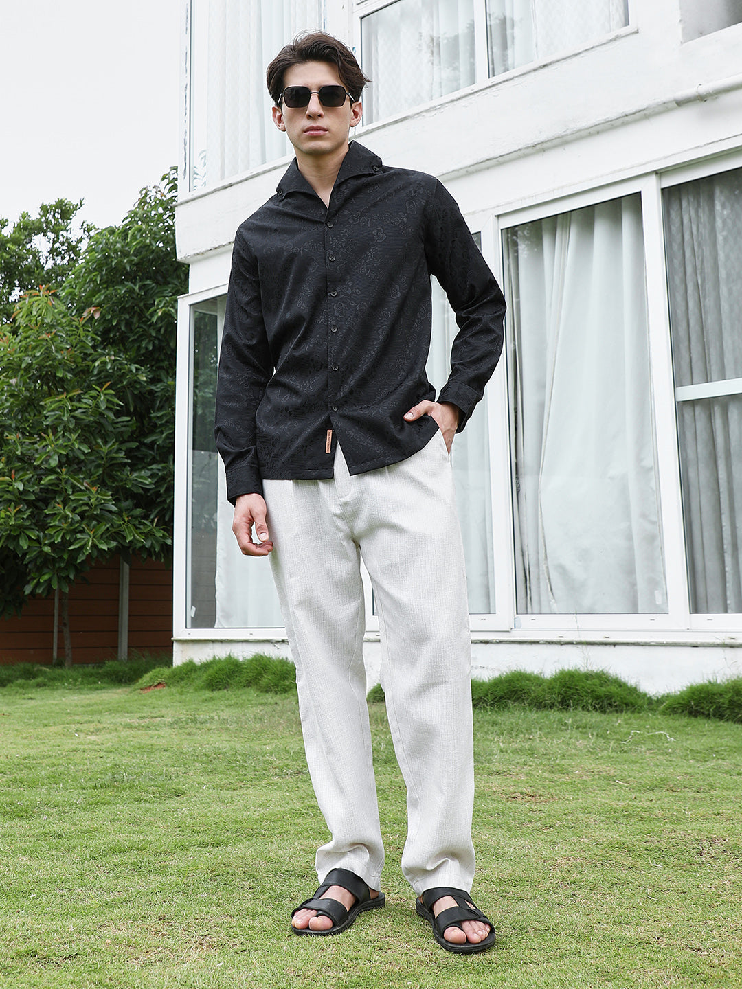 Black Floral Self Design Full Sleeve Shirt