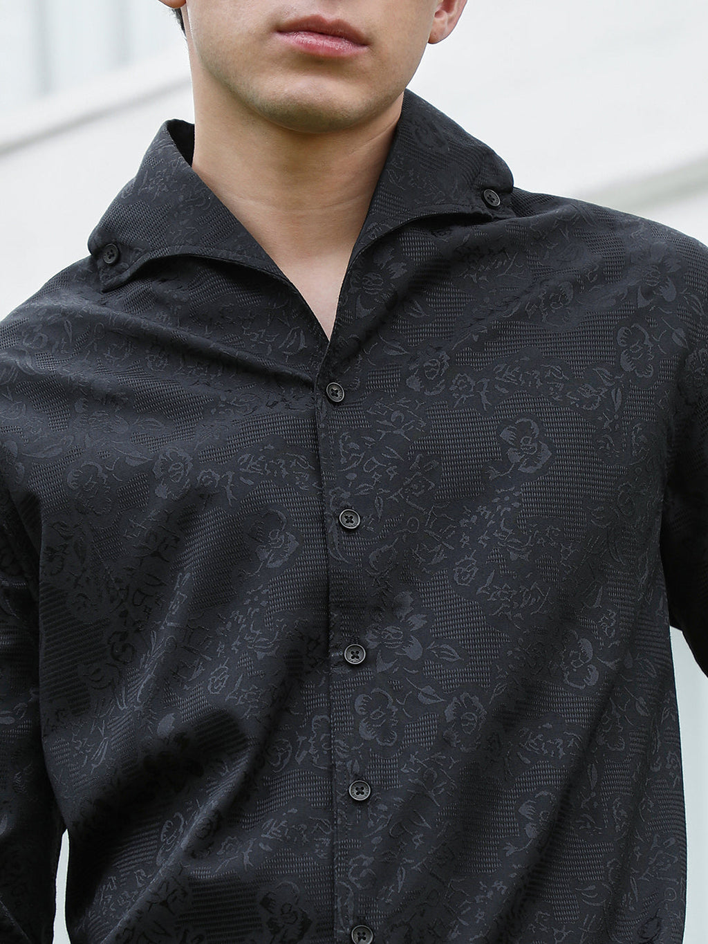 Black Floral Self Design Full Sleeve Shirt