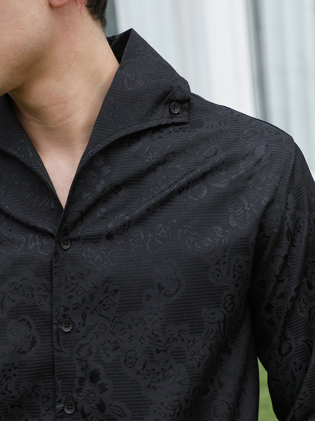 Black Floral Self Design Full Sleeve Shirt
