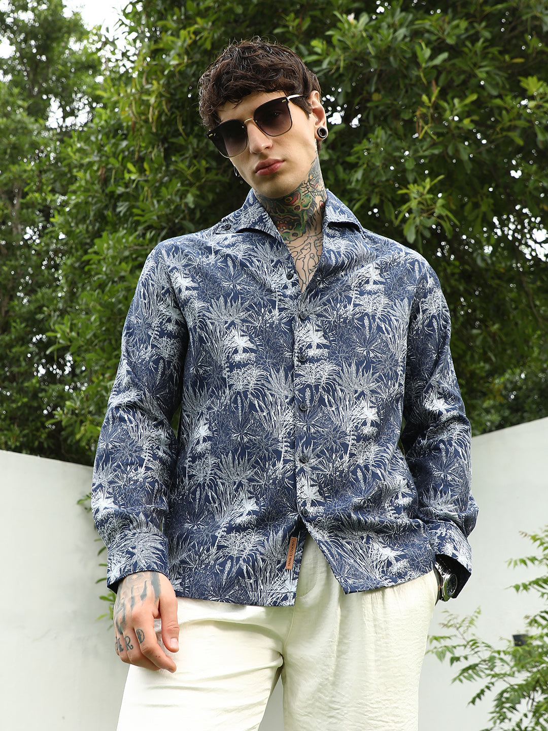 Navy Botanical Print Cotton Blend Shirt