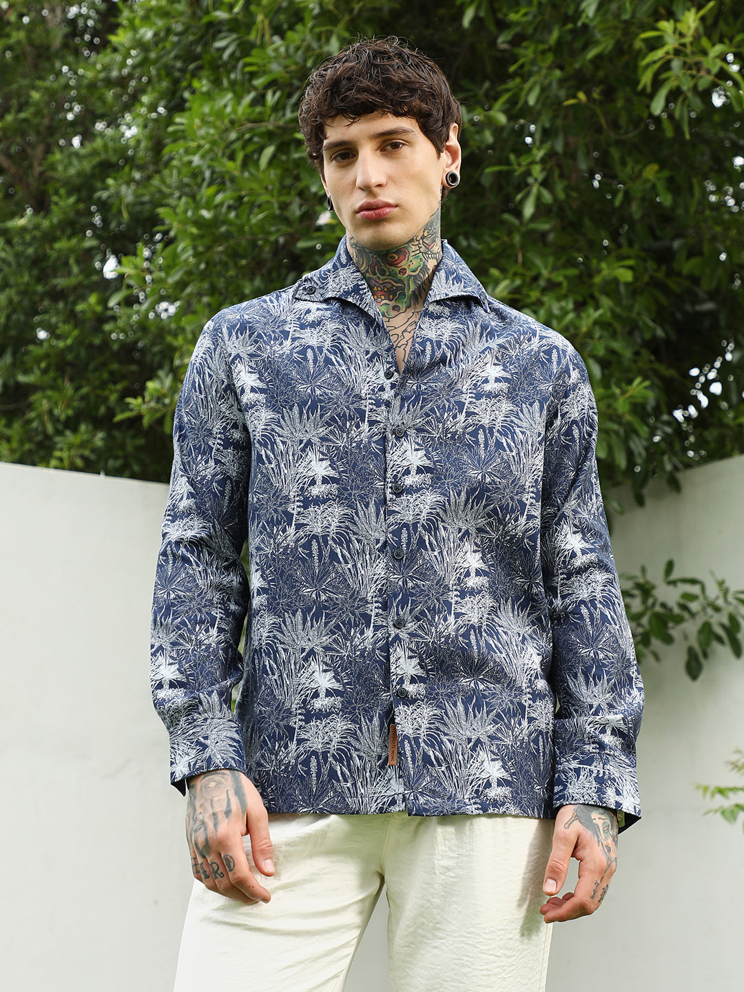 Navy Botanical Print Cotton Blend Shirt