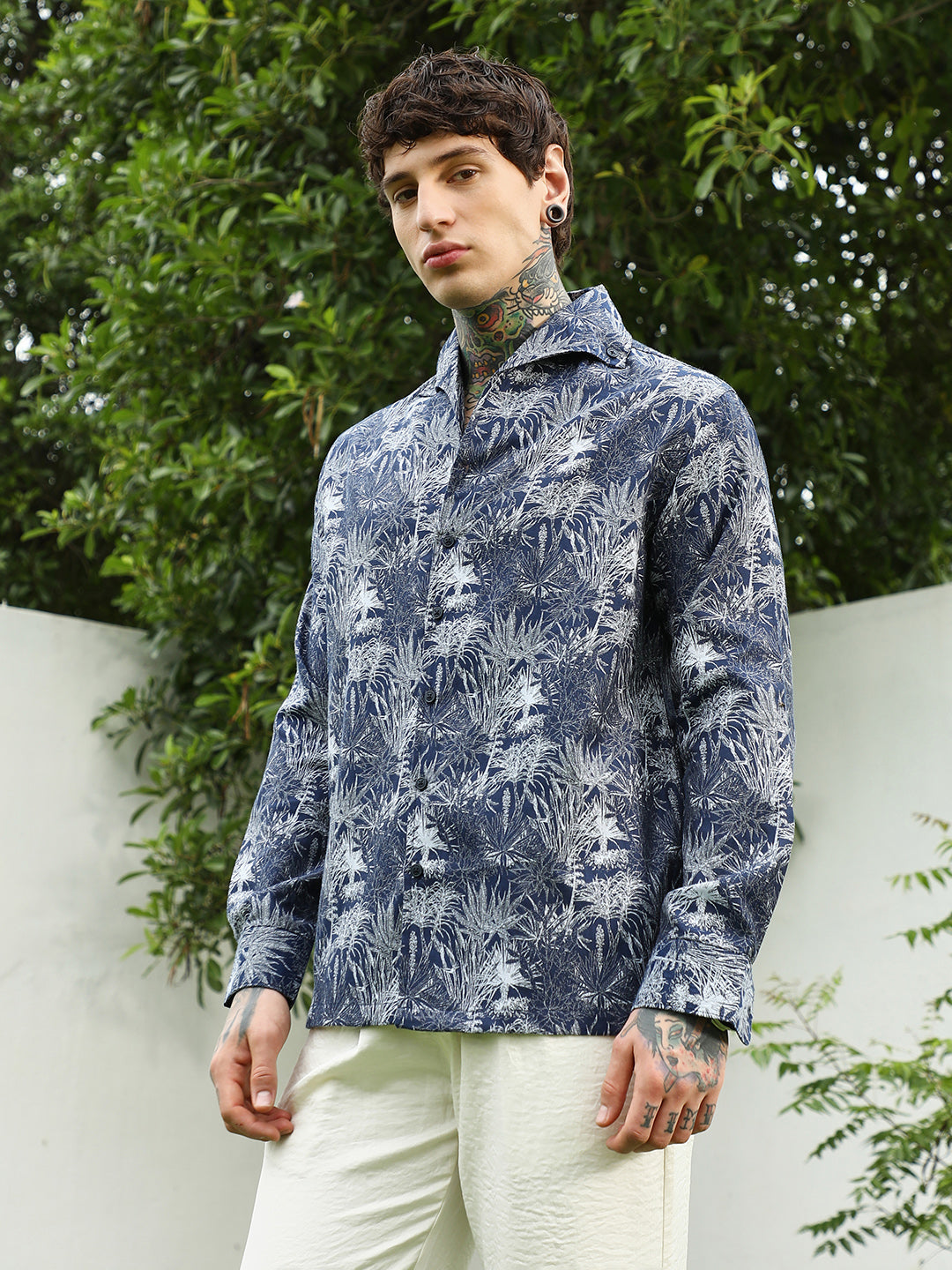 Navy Botanical Print Cotton Blend Shirt