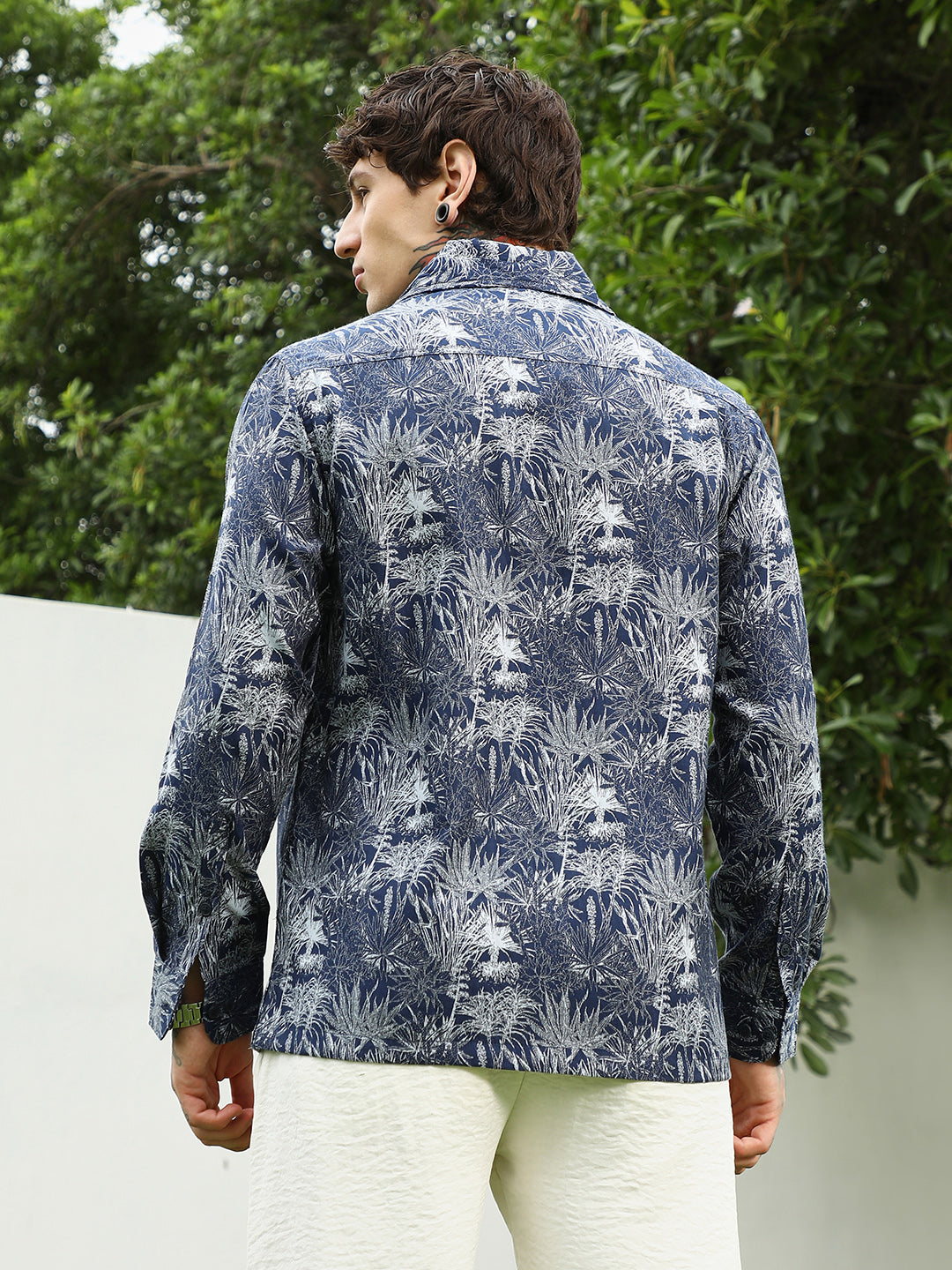 Navy Botanical Print Cotton Blend Shirt