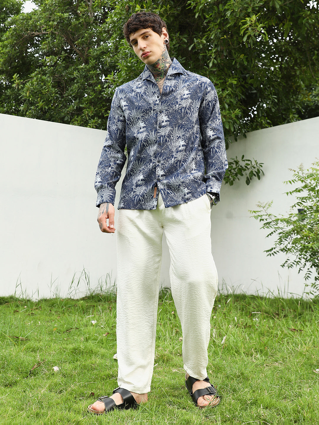 Navy Botanical Print Cotton Blend Shirt