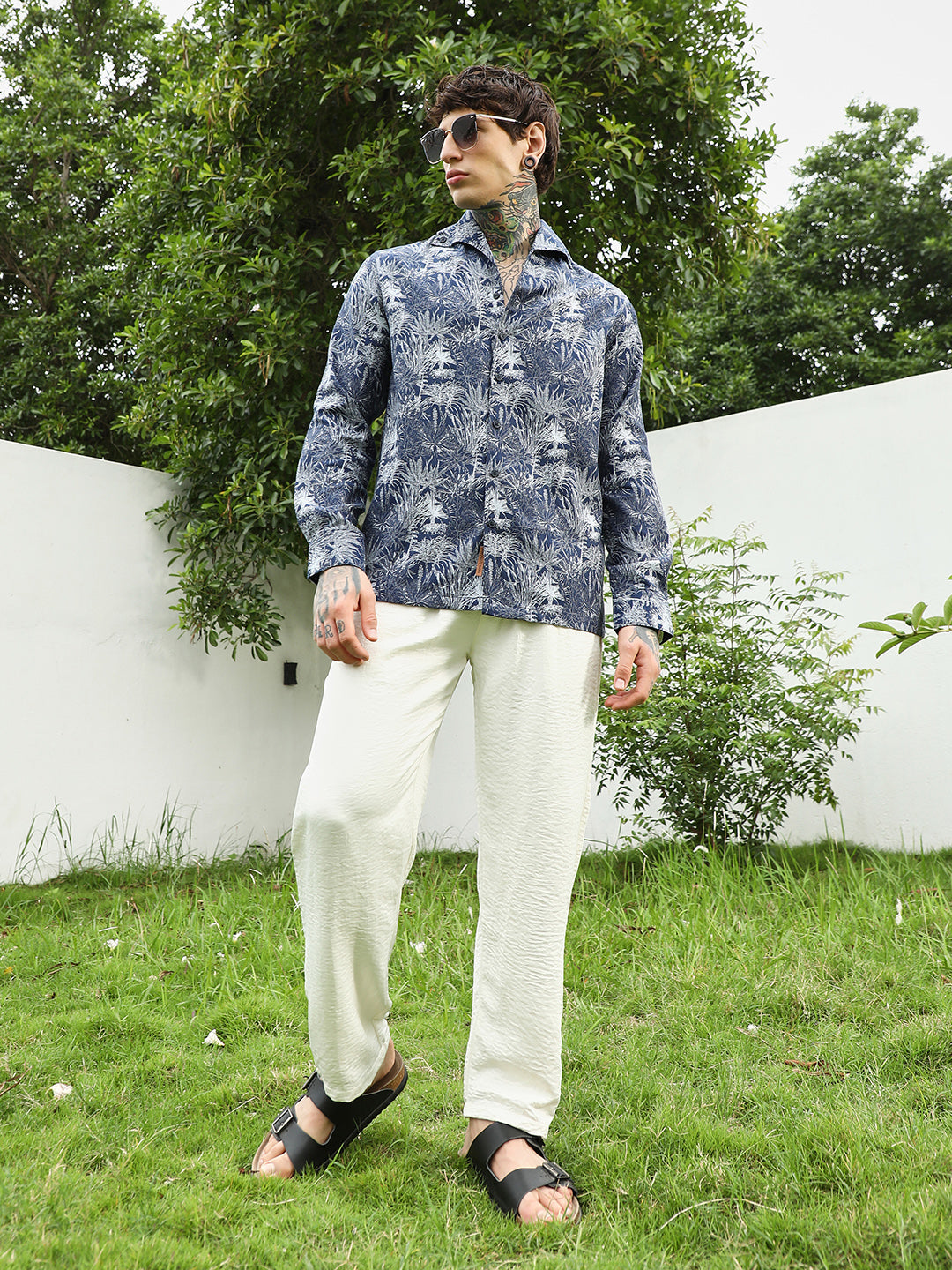 Navy Botanical Print Cotton Blend Shirt