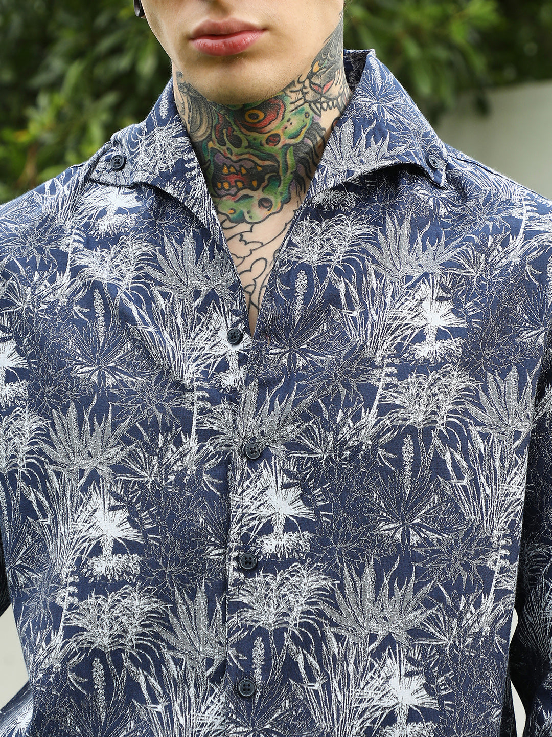 Navy Botanical Print Cotton Blend Shirt