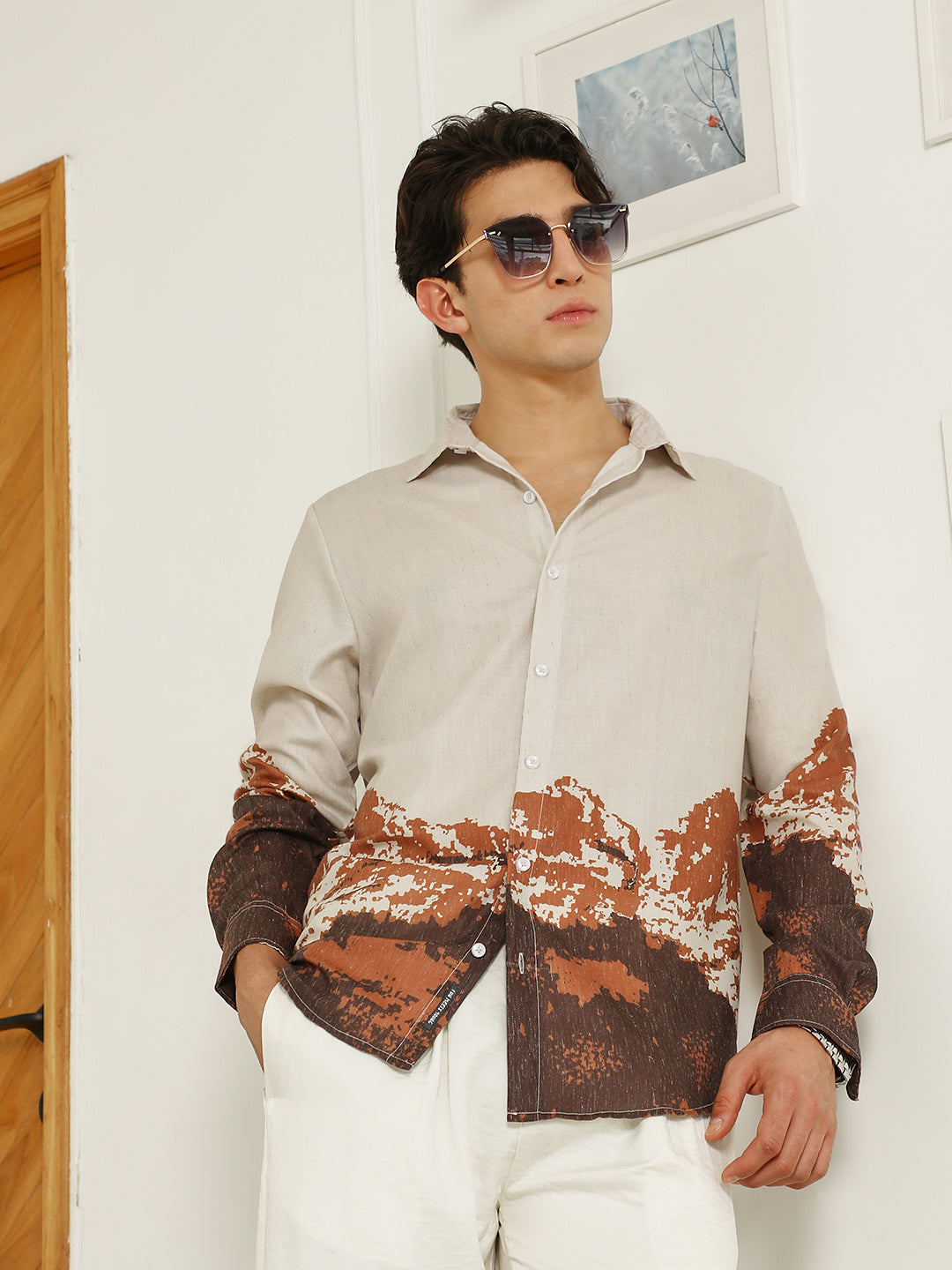 Beige Rayon Shirt With Abstract Mountain Print