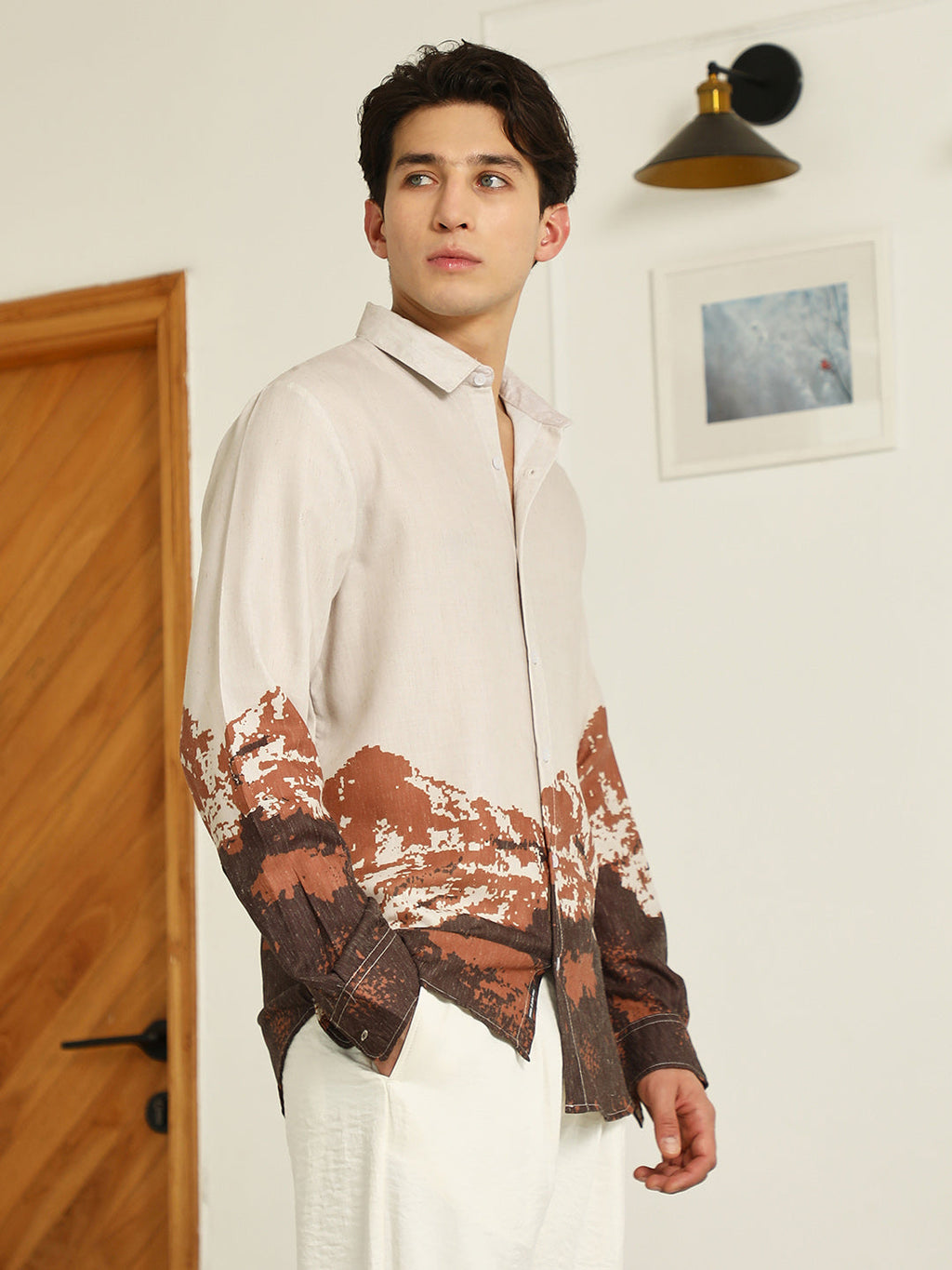 Beige Rayon Shirt With Abstract Mountain Print