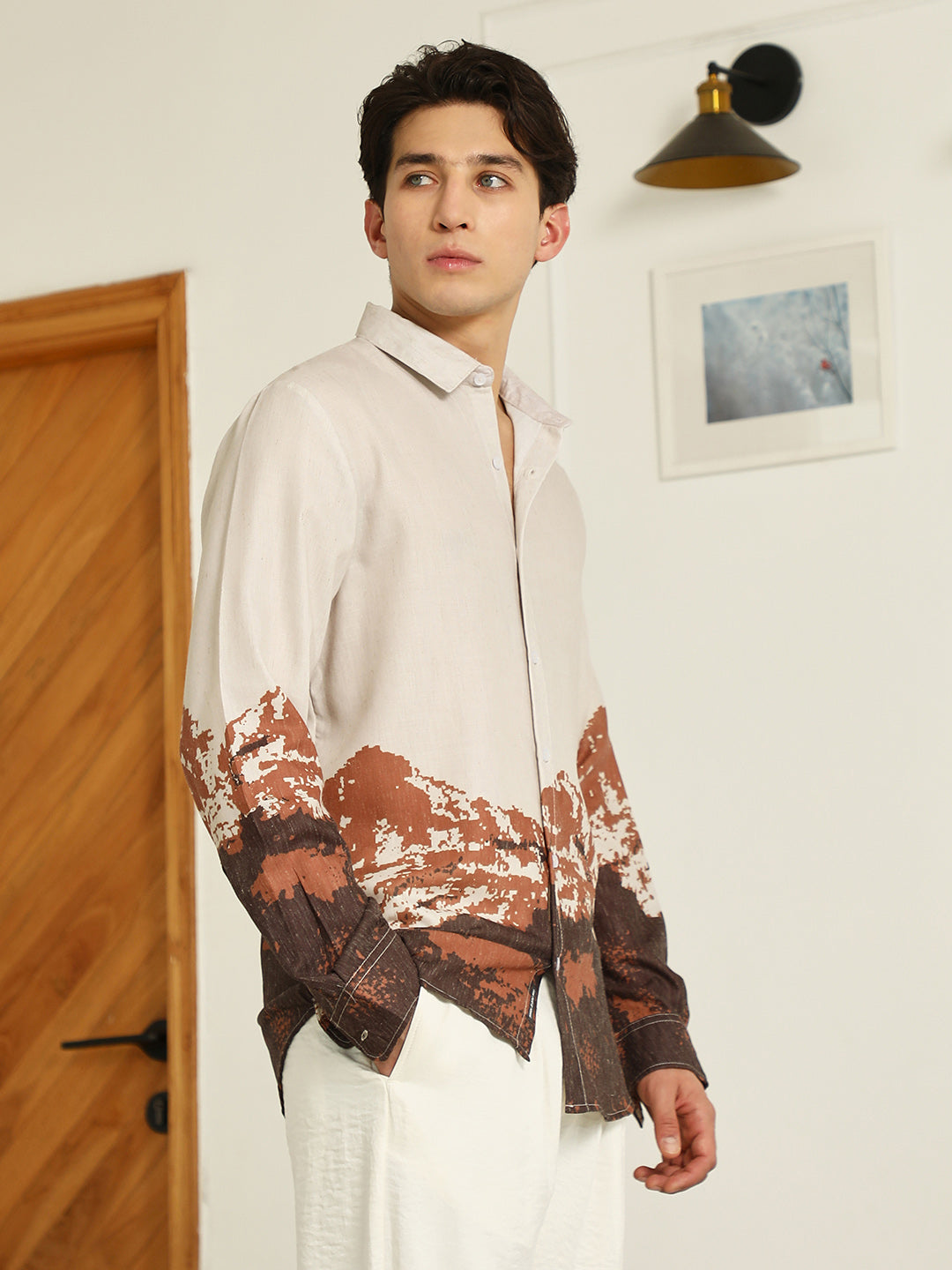 Beige Rayon Shirt With Abstract Mountain Print
