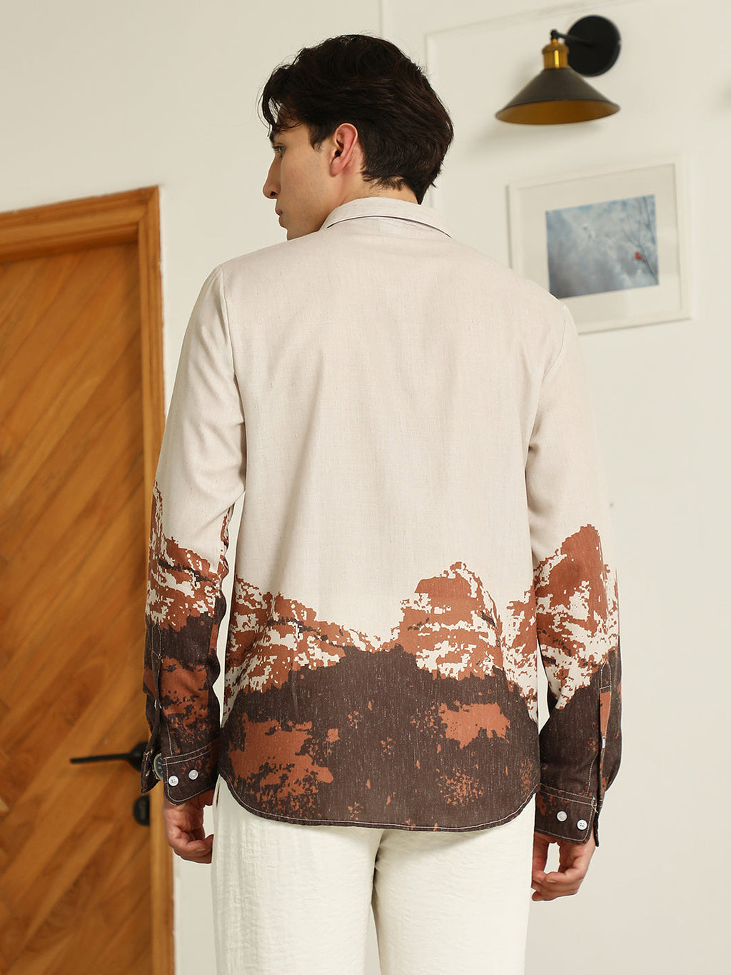 Beige Rayon Shirt With Abstract Mountain Print