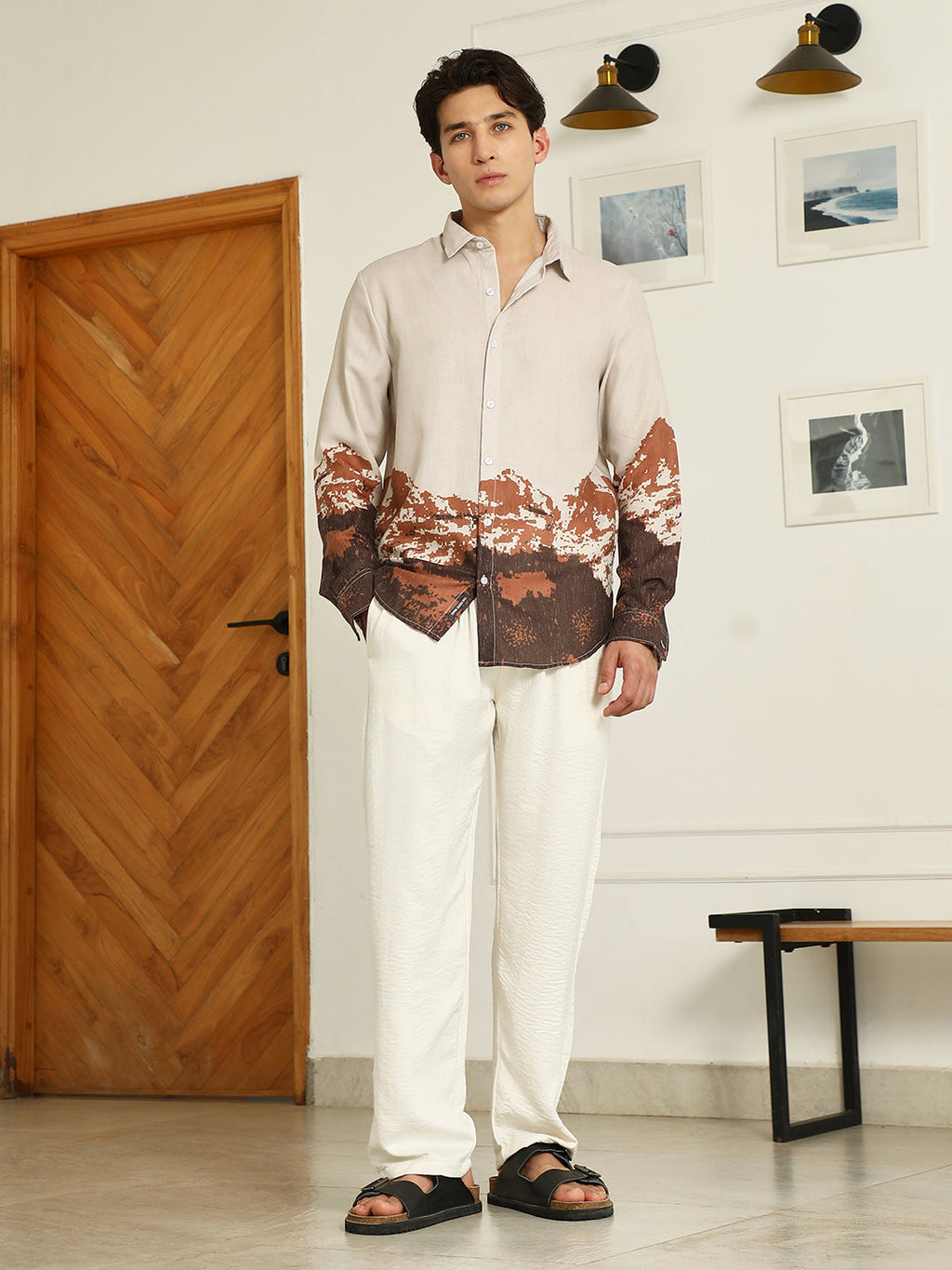 Beige Rayon Shirt With Abstract Mountain Print