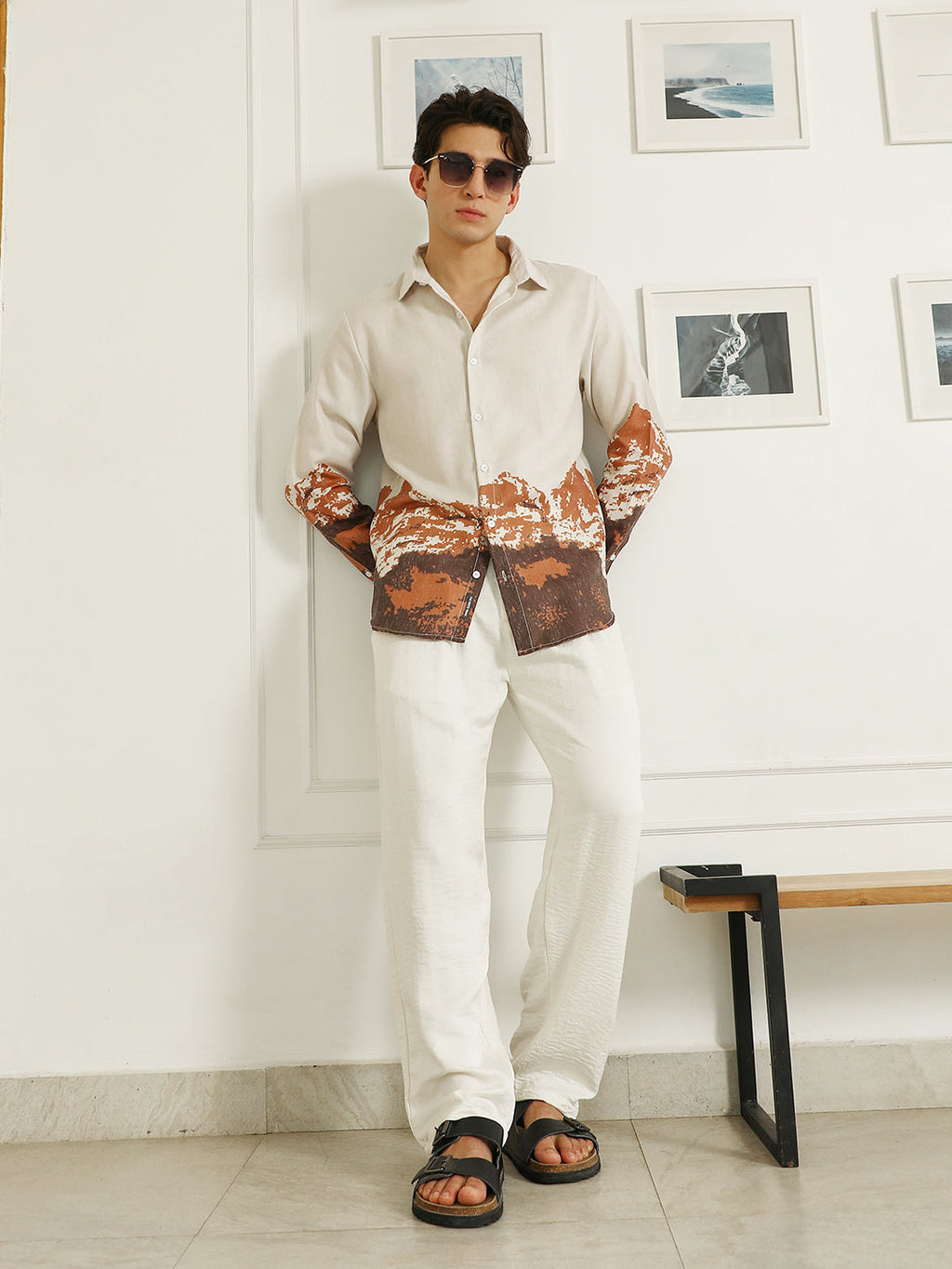 Beige Rayon Shirt With Abstract Mountain Print