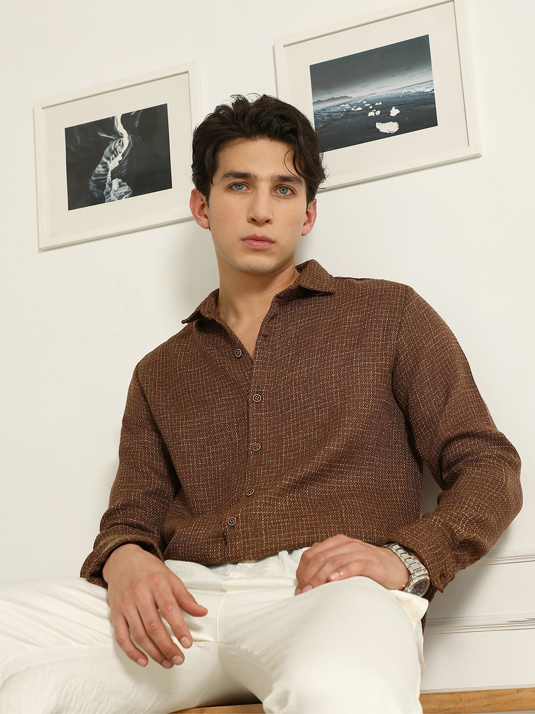 Brown Textured Cotton Blend Full Sleeve Shirt