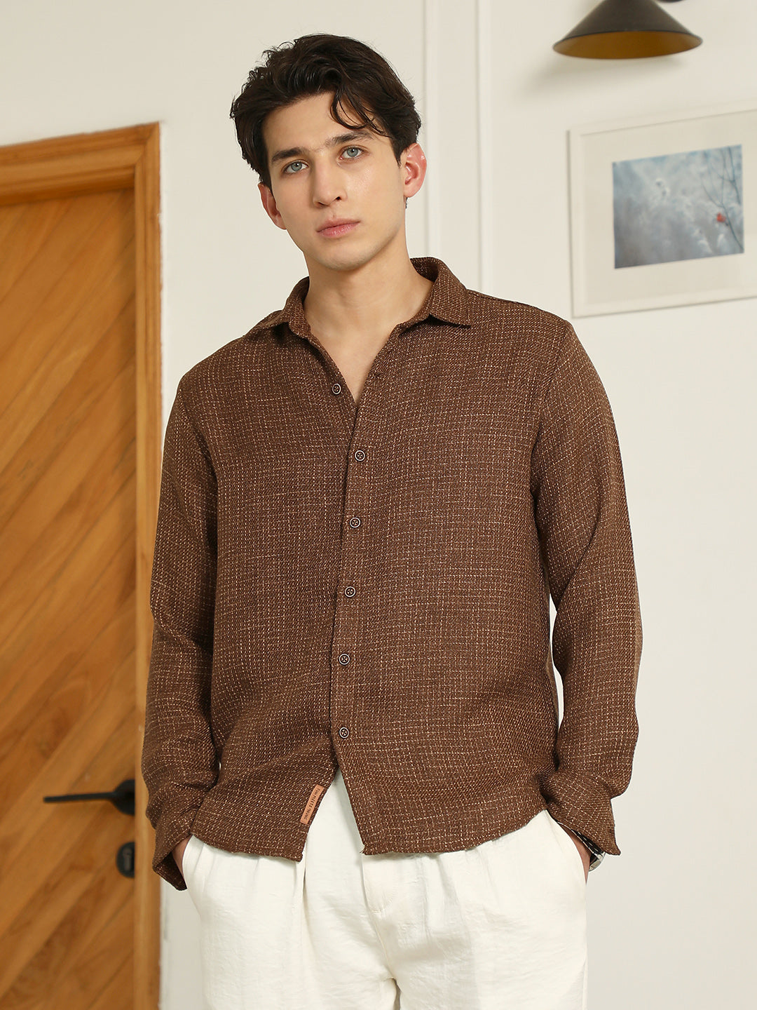 Brown Textured Cotton Blend Full Sleeve Shirt